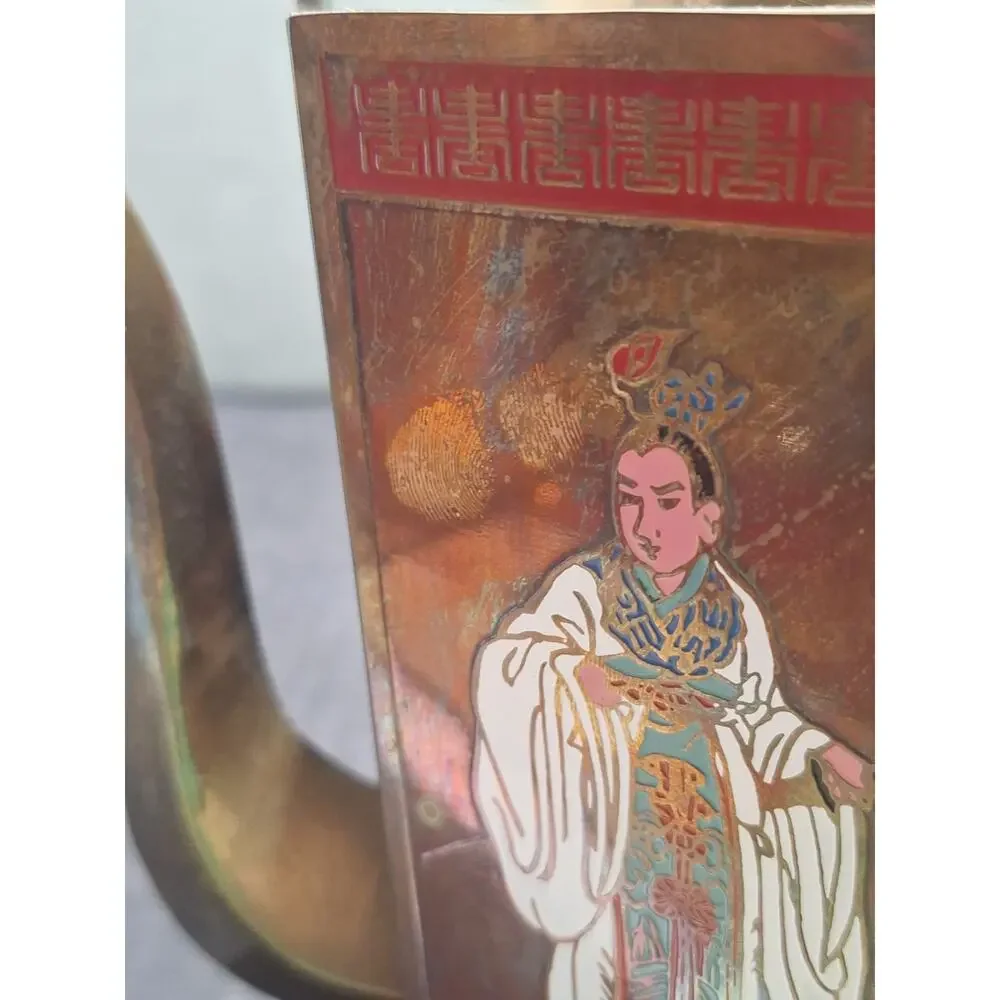 1950s Chinese Hexagonal Brass Teapot Enamel Figures No Taiwan Export Mark!